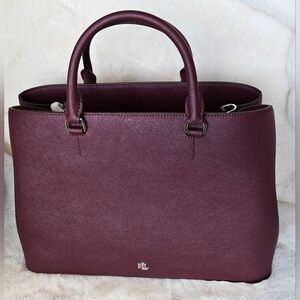 Lauren Ralph LaurenHanna Large Crosshatch Leather Satchel Bag Color Burgundy